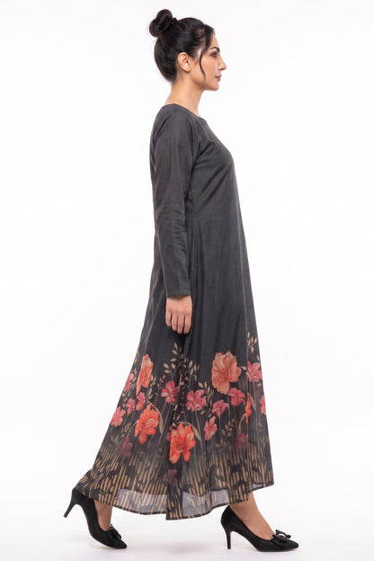 Black Floral Border Printed Cotton Maxi Dress