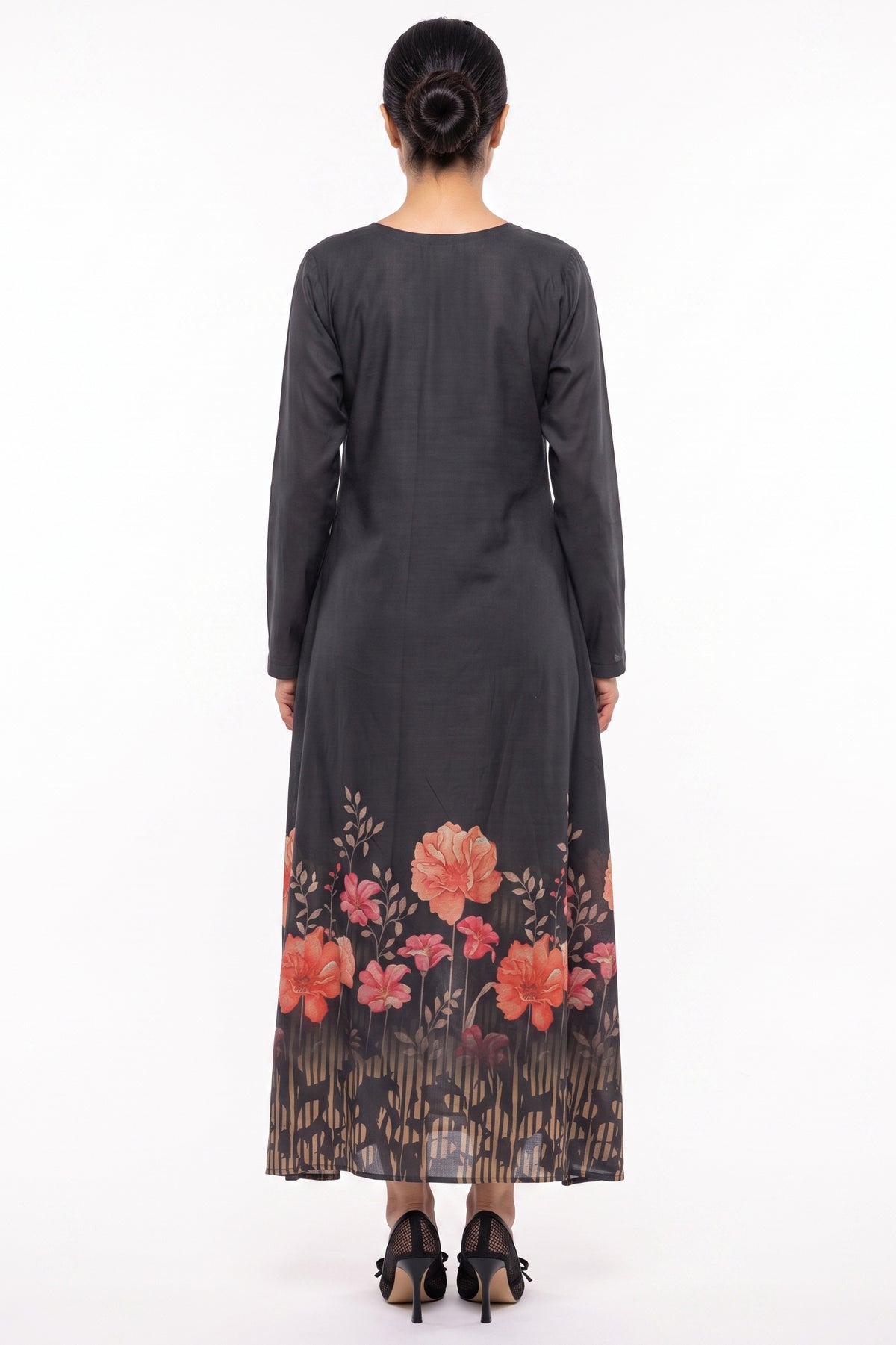 Black Floral Border Printed Cotton Maxi Dress