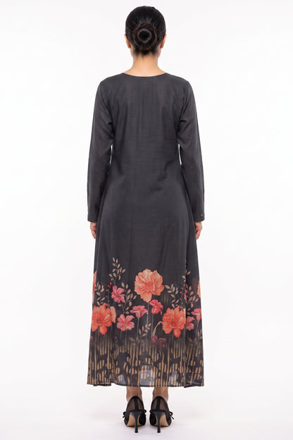 Black Floral Border Printed Cotton Maxi Dress