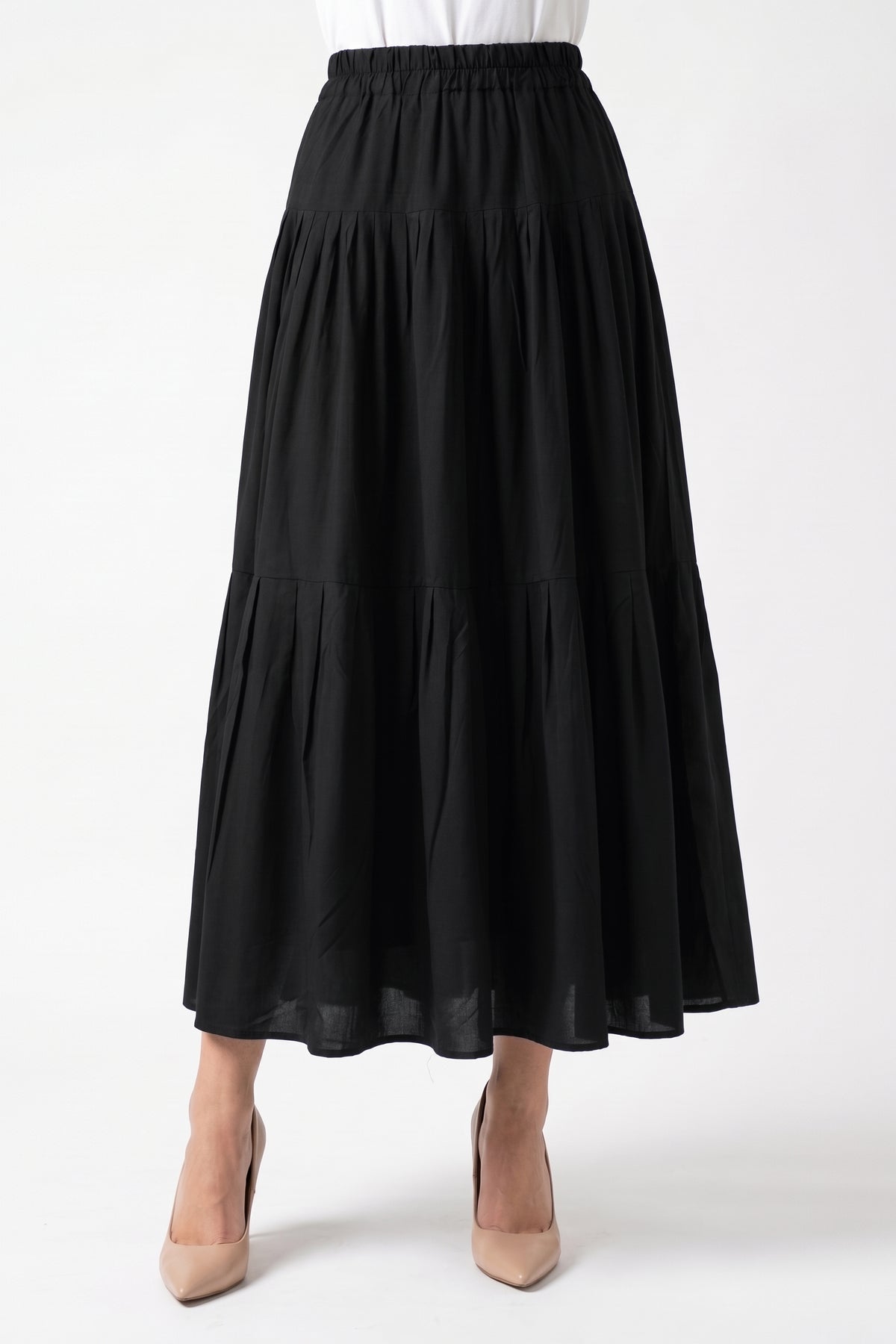 High-Waisted Pleated Tiered Linen Skirt with Pockets