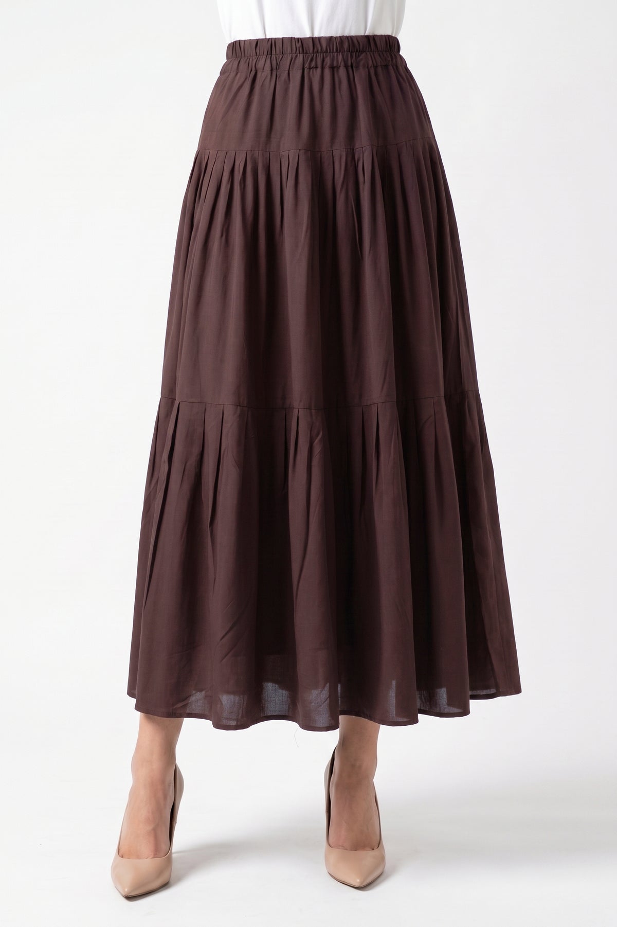 High-Waisted Pleated Tiered Linen Skirt with Pockets