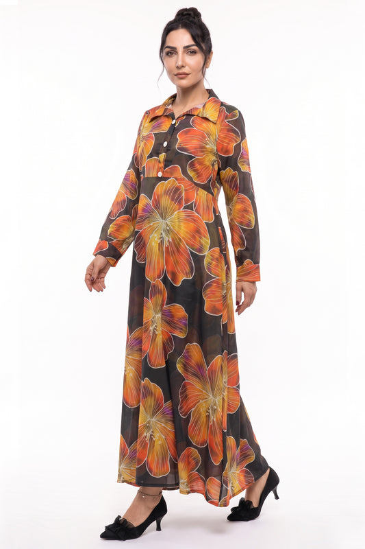 Charcoal Black Tropical Floral Cotton Maxi Dress