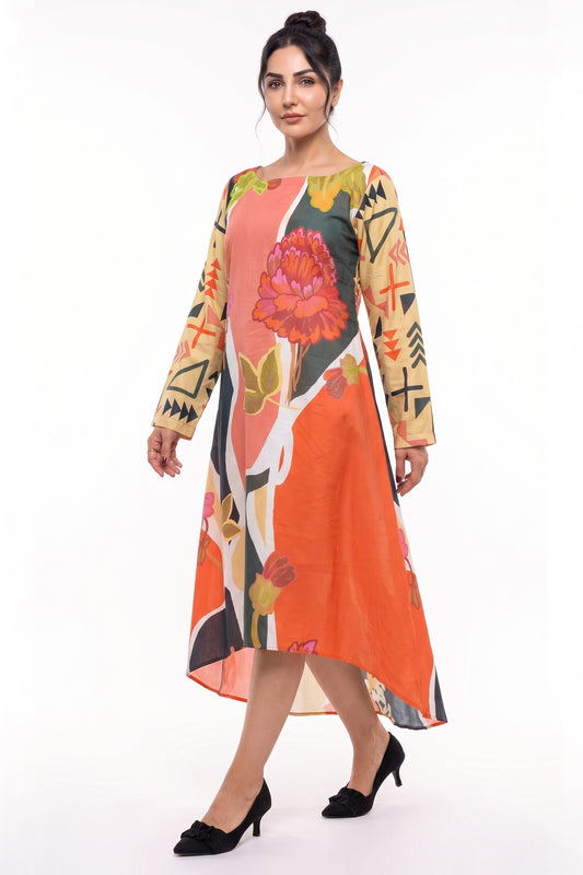 Coral Abstract Floral Cotton Maxi Dress