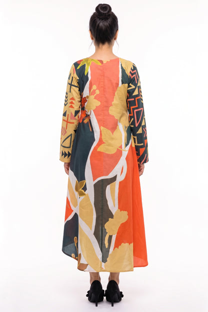Coral Abstract Floral Cotton Maxi Dress