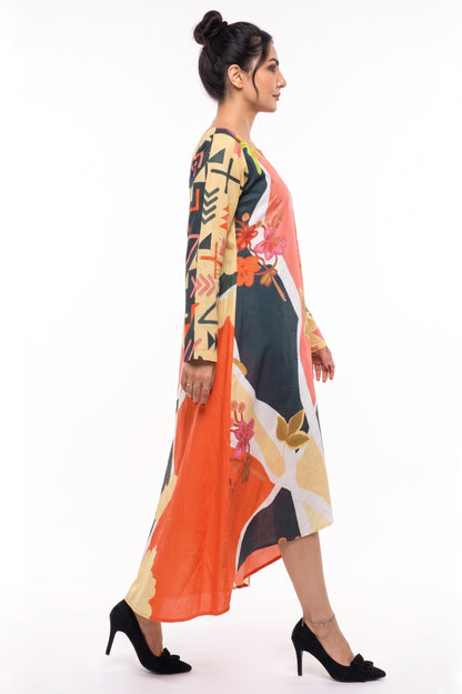 Coral Abstract Floral Cotton Maxi Dress