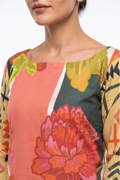 Coral Abstract Floral Cotton Maxi Dress