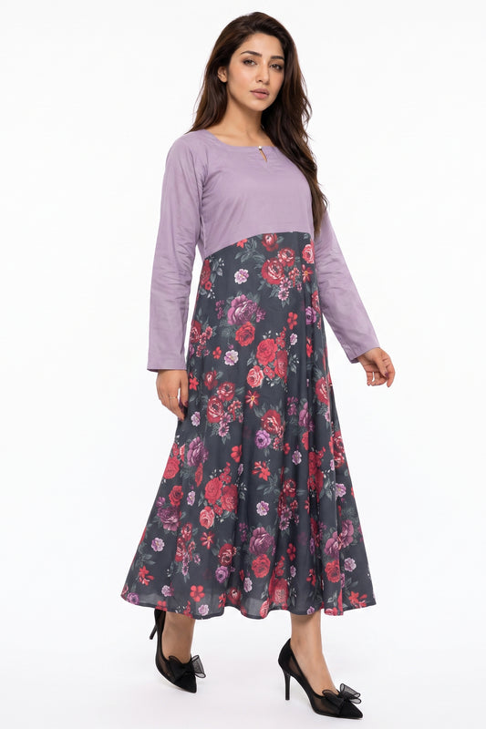 Lavender & Charcoal Floral Cotton Maxi Dress