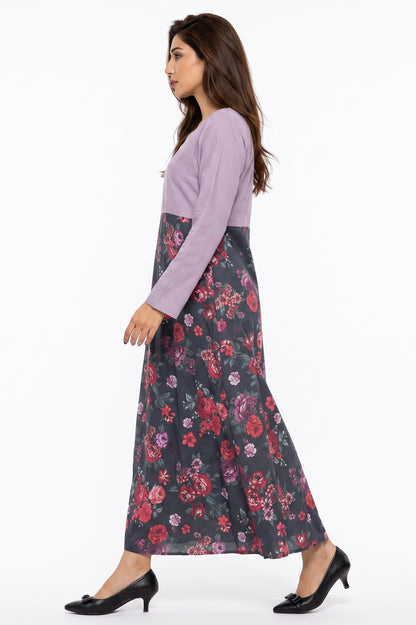 Lavender & Charcoal Floral Cotton Maxi Dress