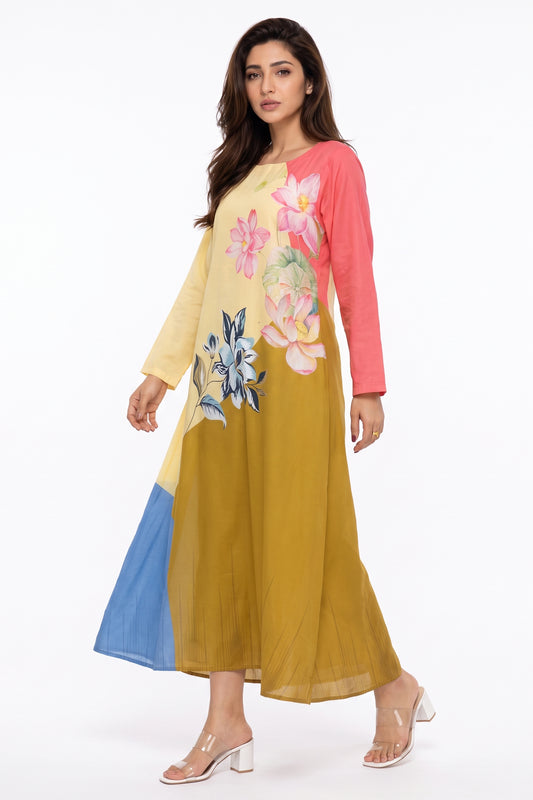 Buttercream Yellow Color-Block Floral Cotton Maxi Dress