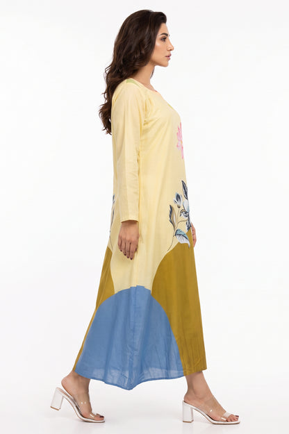 Buttercream Yellow Color-Block Floral Cotton Maxi Dress