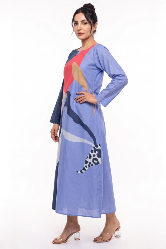 Navy & Lavender Abstract Print Cotton Maxi Dress