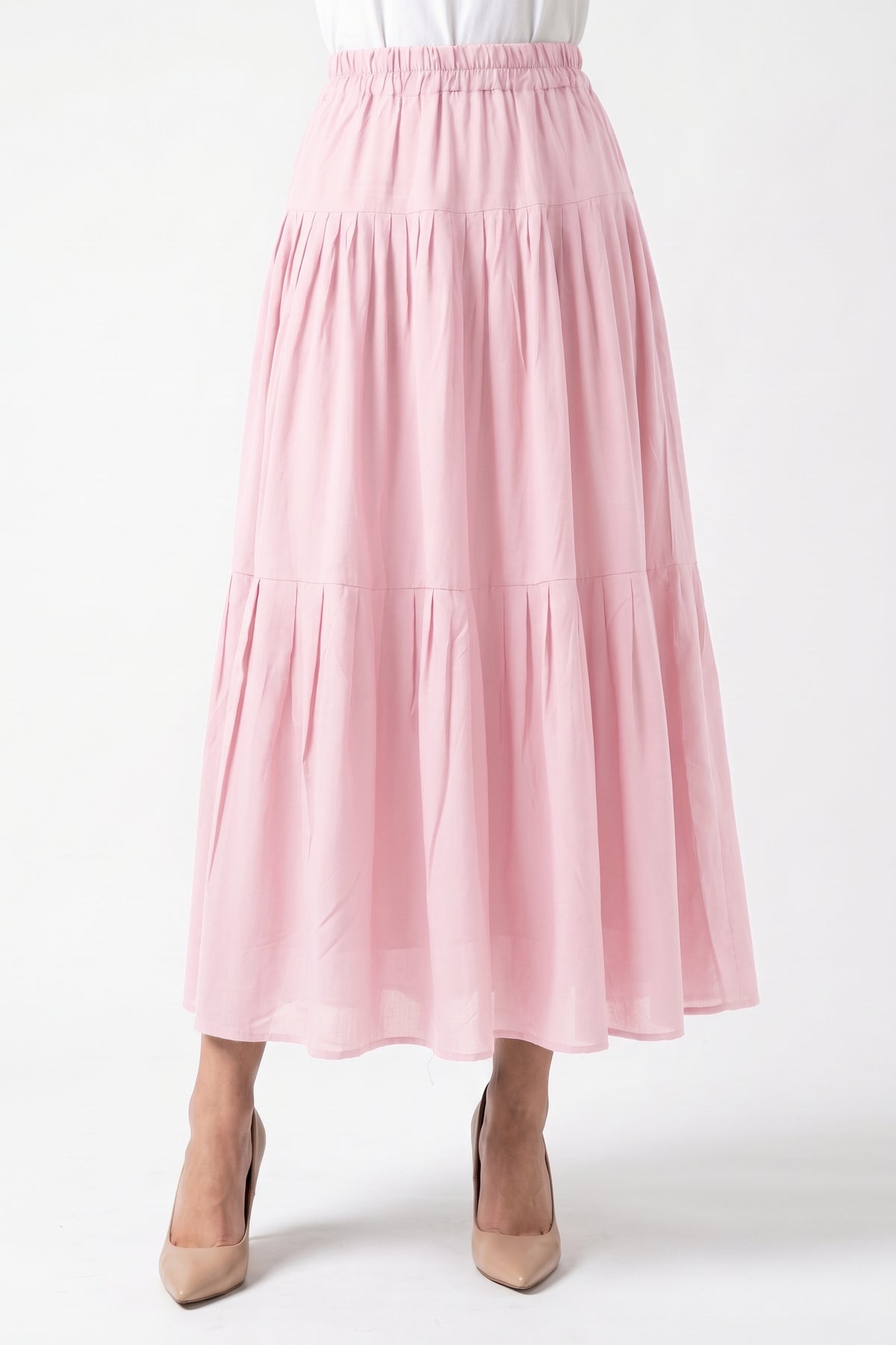 High-Waisted Pleated Tiered Linen Skirt with Pockets