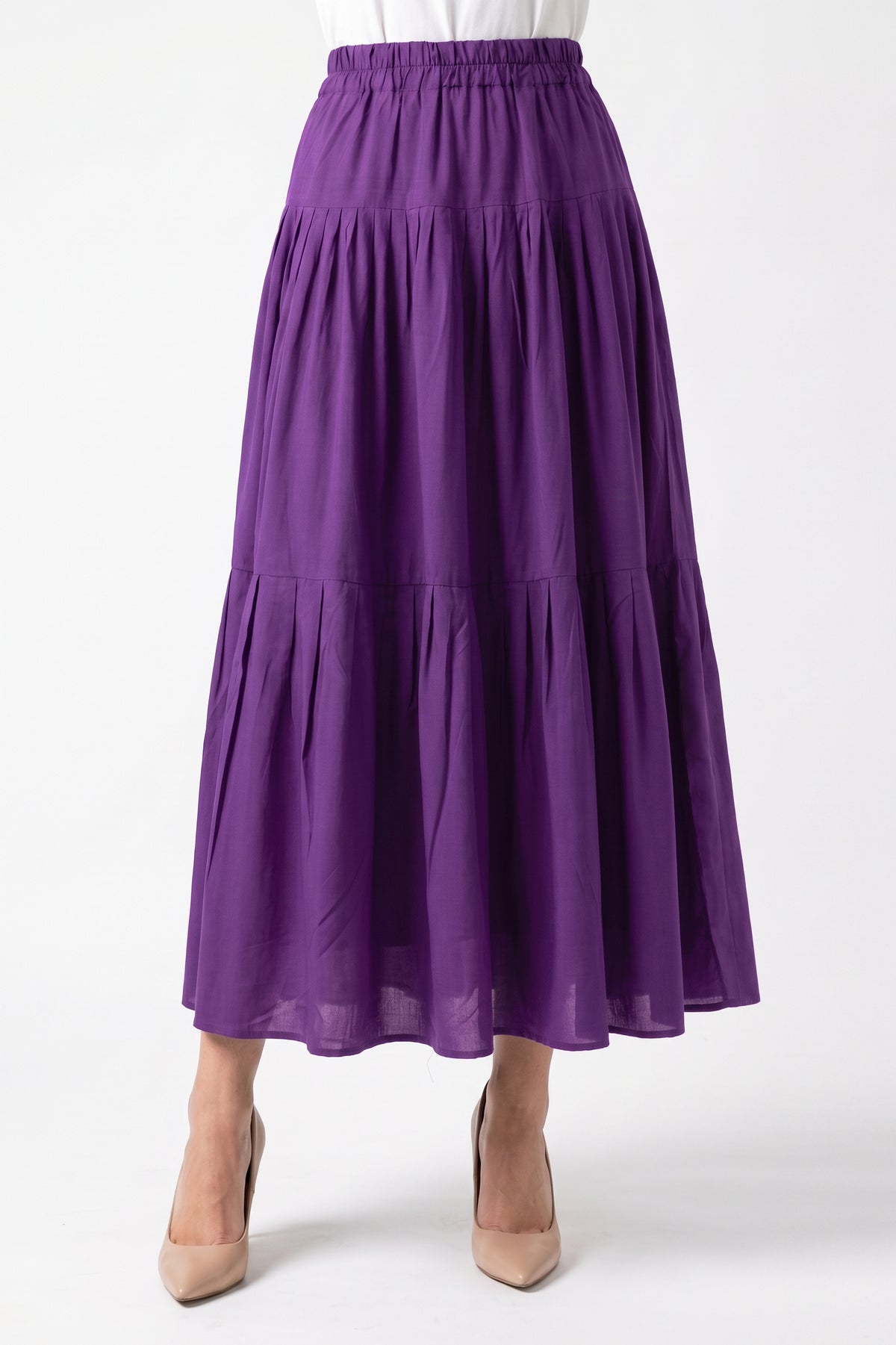 High-Waisted Pleated Tiered Linen Skirt with Pockets