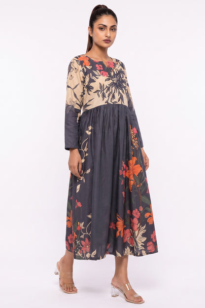 Two-Tone Floral Printed Cotton Maxi Dress