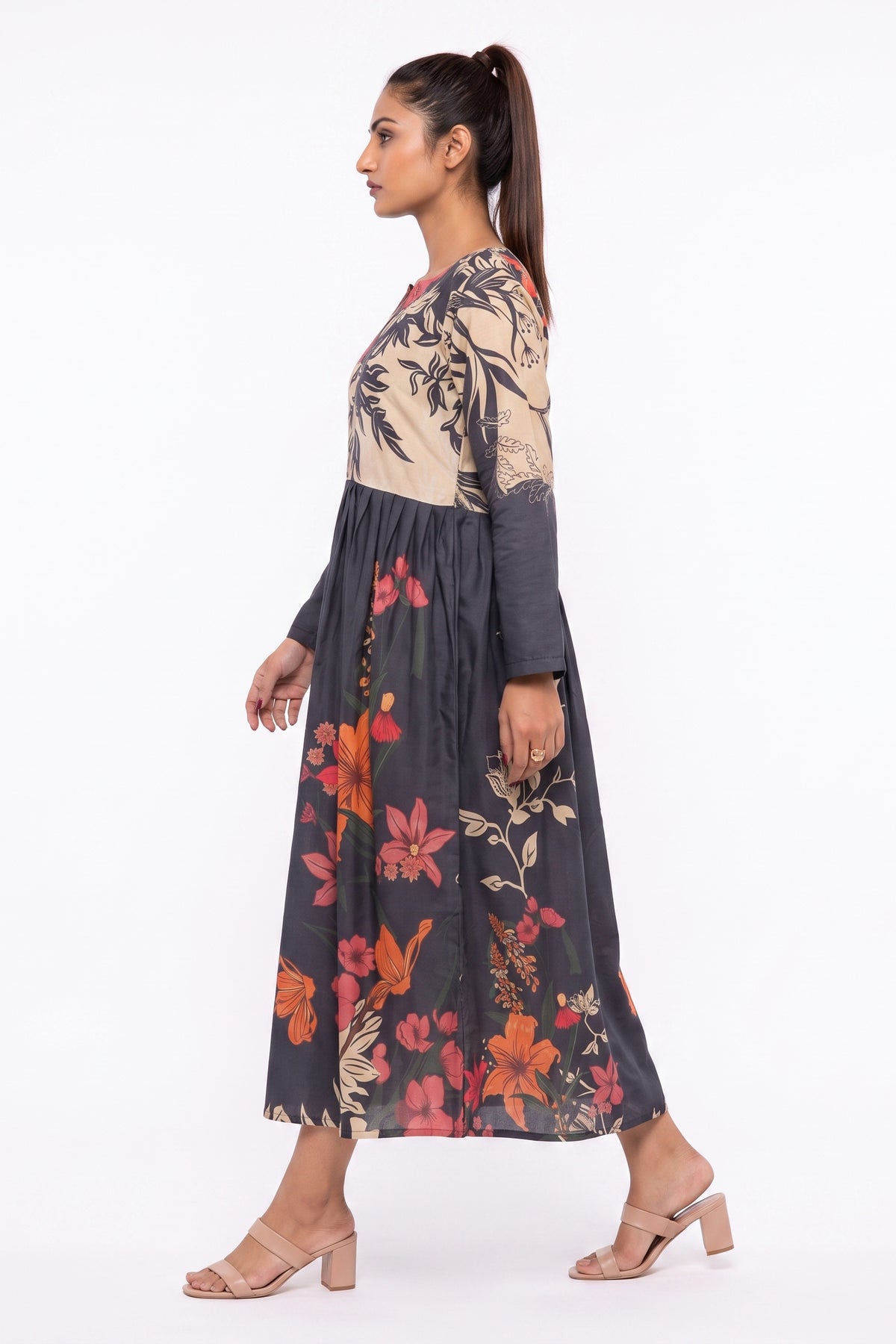 Two-Tone Floral Printed Cotton Maxi Dress