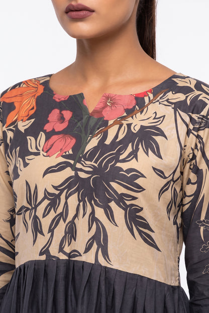 Two-Tone Floral Printed Cotton Maxi Dress