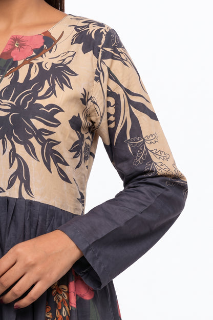 Two-Tone Floral Printed Cotton Maxi Dress