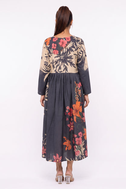 Two-Tone Floral Printed Cotton Maxi Dress