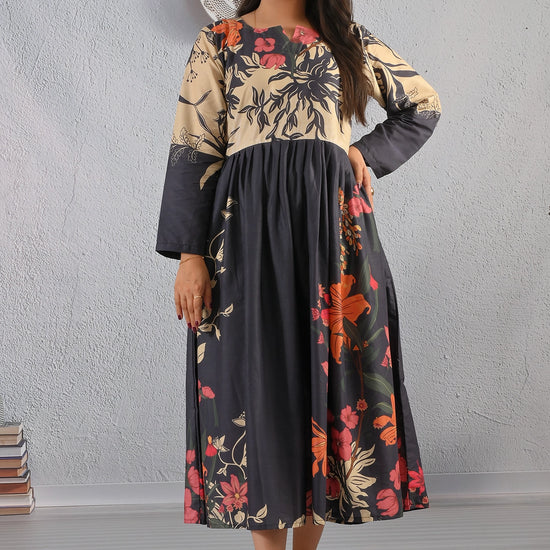 BOLDSTEP product video showcasing a premium cotton maxi dress in beige and black with bold multicolor floral prints. The model displays the front, back, and side views of the flowy design, highlighting its breathable fabric, elegant fit, and vibrant floral details – Available at BOLD STEP | BOLDSTEP.PK | BOLDSTEP STORE.