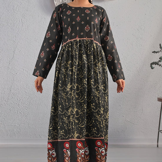 BOLDSTEP product video showcasing a black and gold printed cotton maxi dress with intricate ethnic floral patterns, red border detailing, and long sleeves. The model twirls and poses gracefully to highlight the soft fabric flow and elegant design — a timeless piece from BOLD STEP | BOLDSTEP.PK | BOLDSTEP STORE.