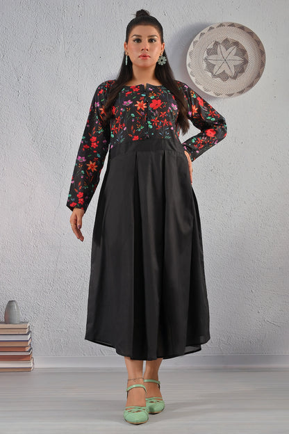 BOLDSTEP product video featuring a black cotton maxi dress with a colorful floral printed bodice and plain pleated skirt. The model showcases the front, back, and side angles, highlighting the elegant flow, soft fabric, and vibrant floral design – premium women's fashion from BOLD STEP | BOLDSTEP.PK | BOLDSTEP STORE.