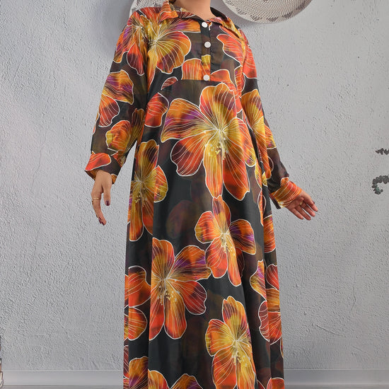 BOLDSTEP product video showcasing a black cotton maxi dress with oversized orange and yellow floral prints. The model walks and poses to highlight the long flowy silhouette, button-down neckline, and vibrant floral design – stylish premium outfit from BOLD STEP | BOLDSTEP.PK | BOLDSTEP STORE.