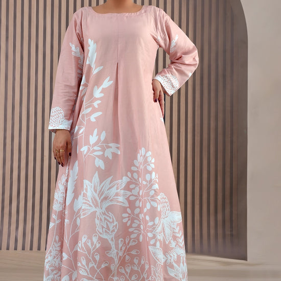 BOLDSTEP product video showcasing a blush pink cotton maxi dress with elegant white floral print. The model gracefully walks and poses to highlight the soft fabric flow, full sleeves, and detailed floral design — premium stitched outfit for women from BOLD STEP | BOLDSTEP.PK | BOLDSTEP STORE.