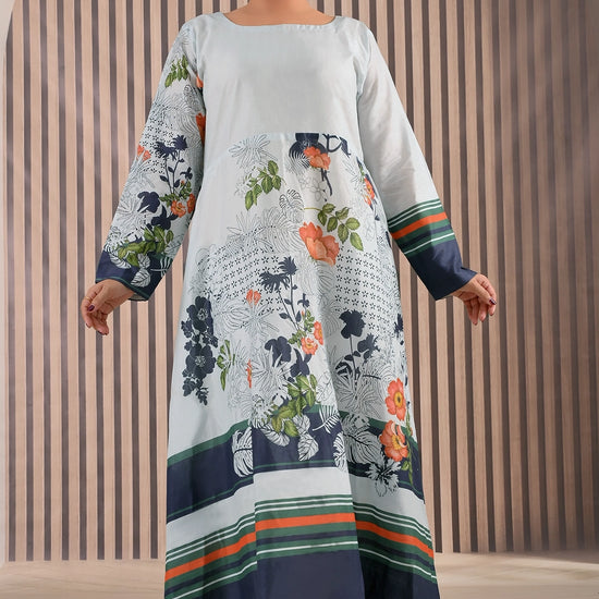 BOLDSTEP product video featuring a white cotton maxi dress with navy, green, and orange floral prints. The model showcases the flowy A-line silhouette, striped hemline, and full sleeves in elegant studio lighting — highlighting BOLDSTEP’s premium stitched craftsmanship | BOLD STEP | BOLDSTEP.PK | BOLDSTEP STORE.