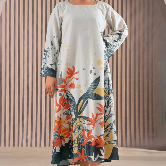 BOLDSTEP product video featuring a beautiful ivory floral printed maxi dress with orange, yellow, and blue botanical patterns. The model showcases the flowy A-line silhouette, elegant long sleeves, and premium cotton texture — perfect for modern women | BOLD STEP | BOLDSTEP.PK | BOLDSTEP STORE.