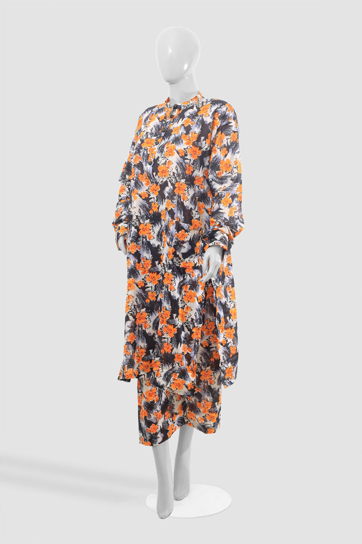  Floral Serenity Two-Piece Set - Dark Base with Orange Blossoms - Women's Fashion